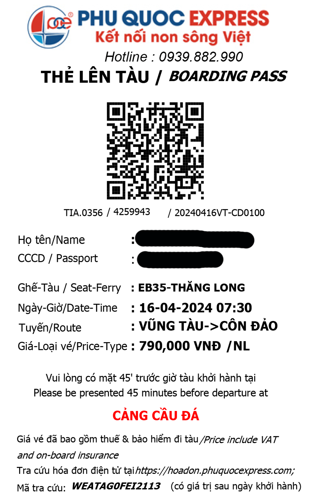 Mãu vé điện tử của tàu Côn Đảo Express