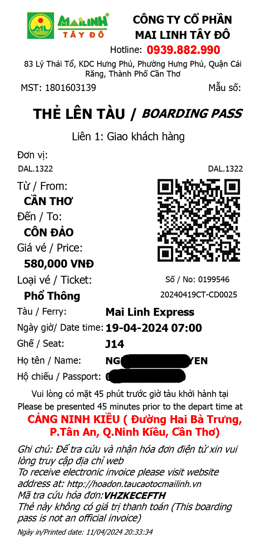 Mẫu vé tàu Mai Linh Express